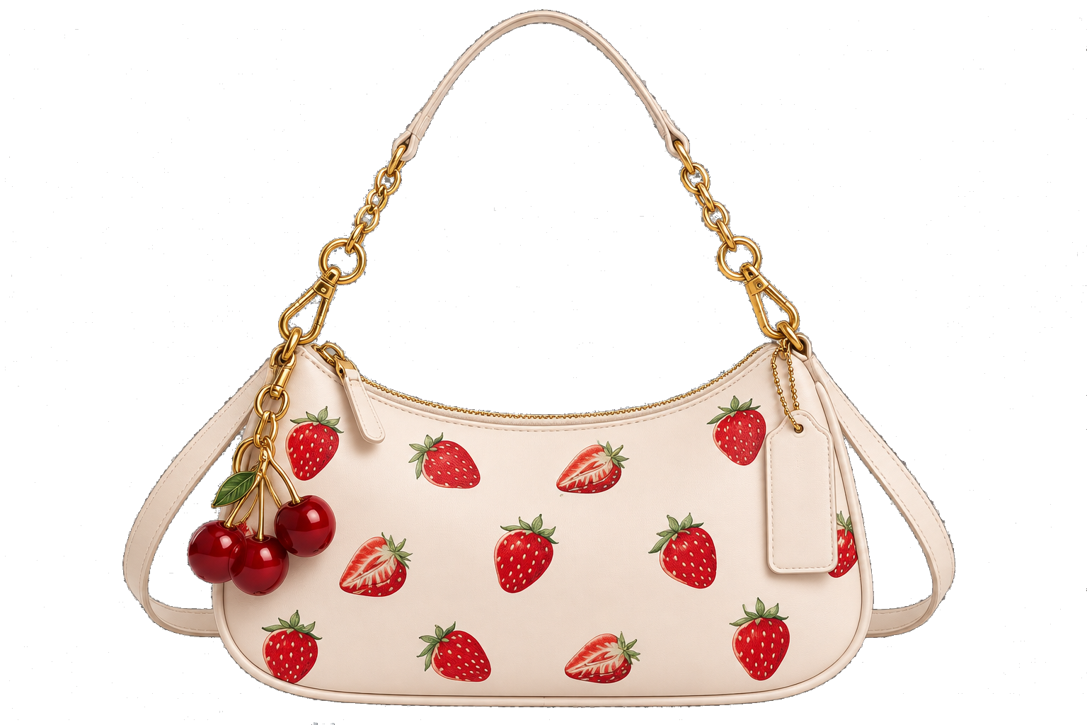 A cream strawberry-print bag