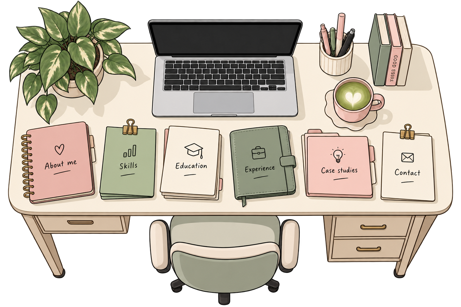 An illustrated desk with labelled notebooks and folders