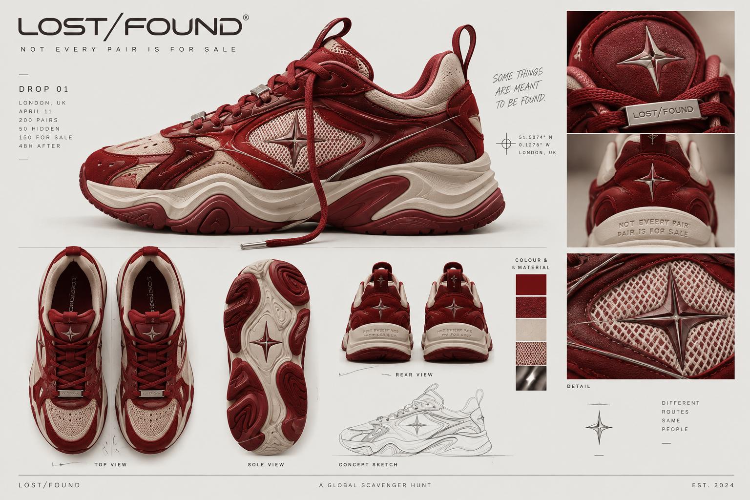 LOST/FOUND Drop 01 tearsheet: top view, sole view, rear view, concept sketch