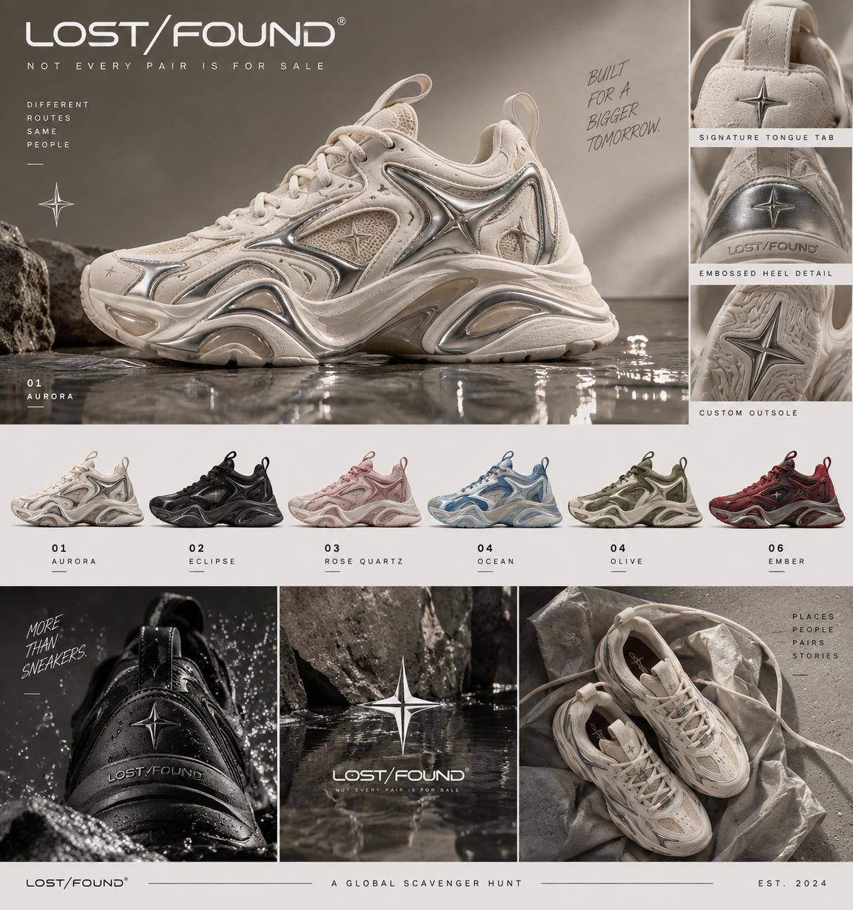 LOST/FOUND six colourways: Aurora, Eclipse, Rose Quartz, Ocean, Olive, Ember
