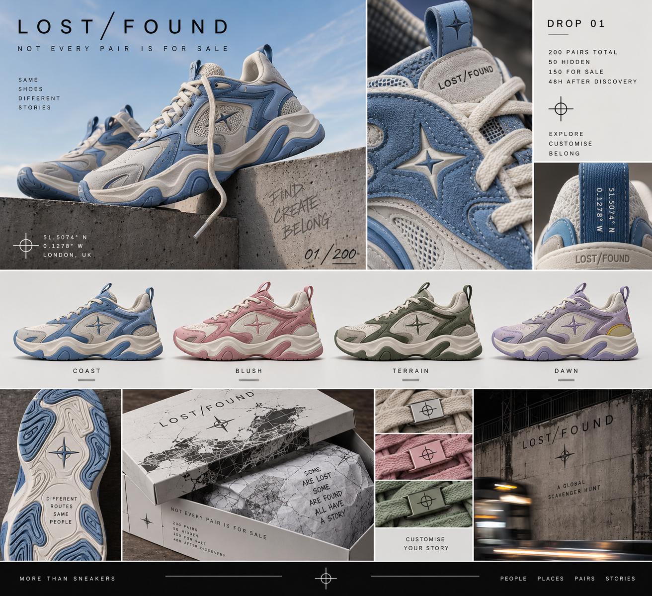 LOST/FOUND Coast, Blush, Terrain and Dawn colourways with packaging
